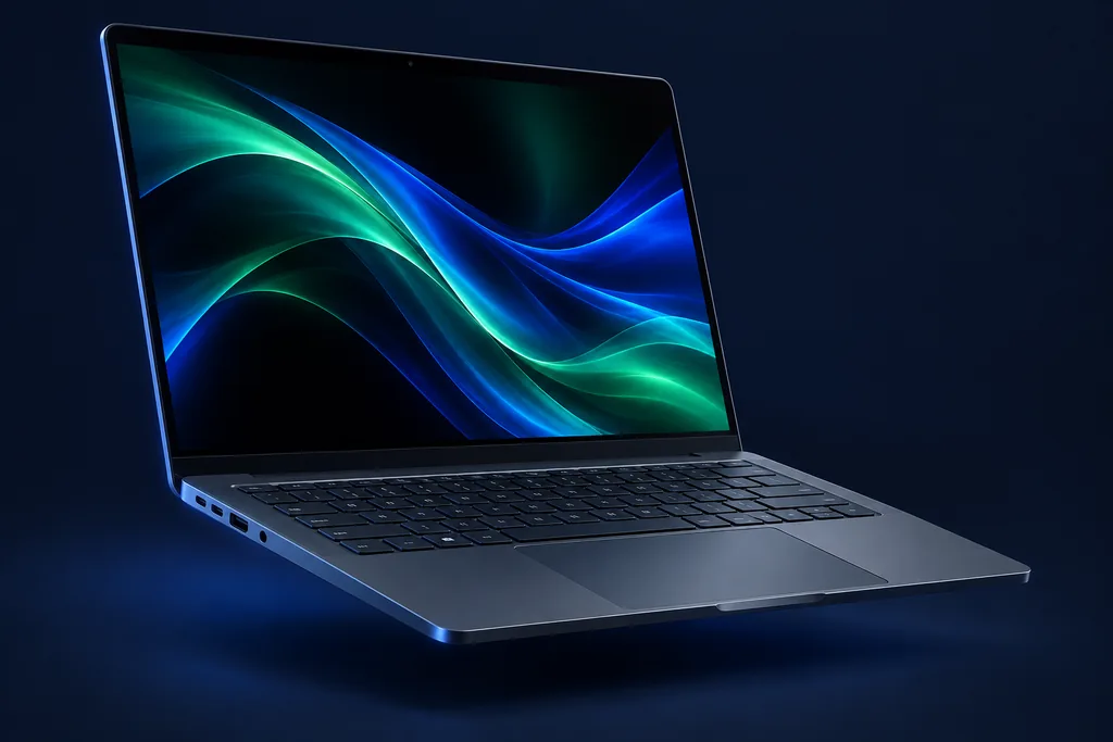 Illustration of a refurbished business laptop with an abstract blue and emerald screen